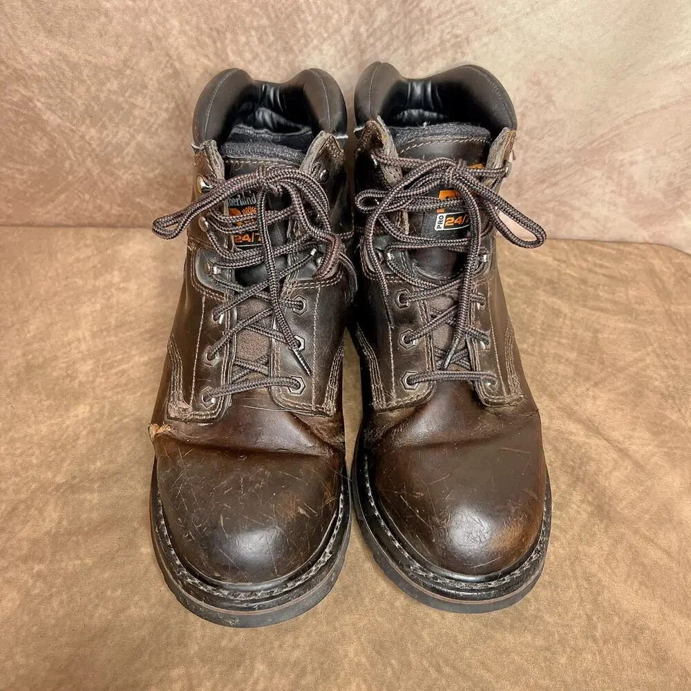 Timberland Pro Ankle Lace Up Boot Soft Toe Dark Brown Lug Sole Tread Distressed